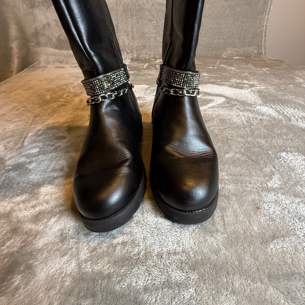 Girls Black Mid-Calf Combat Boots Rhinestone Buckle Chain Accent Side Zip Size 2 - Picture 5 of 11